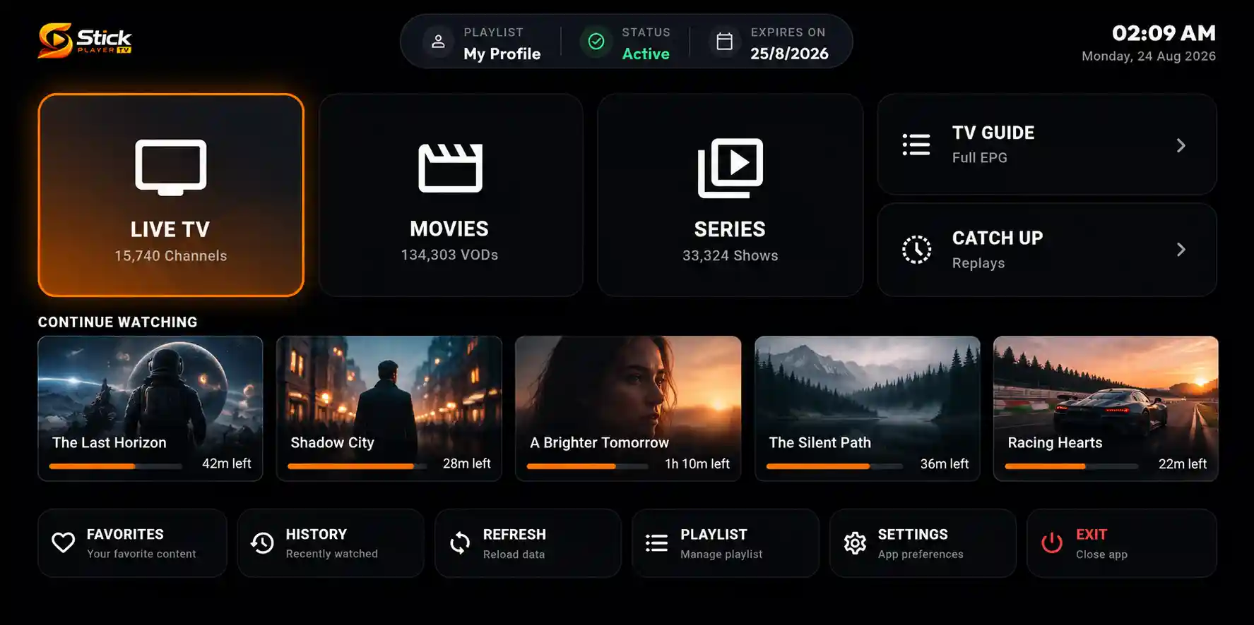High-fidelity Stick Player TV interface showcase display